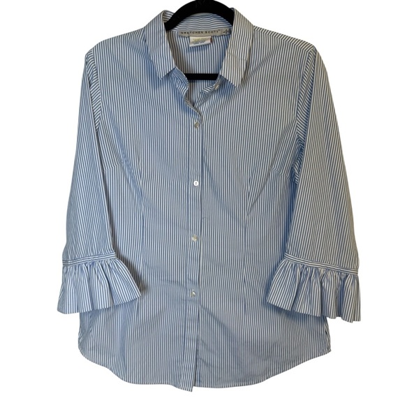 Gretchen Scott Designs Tops - Gretchen Scott Blue White Striped Button Down Shirt 3/4 Ruffled Cuff Sleeves